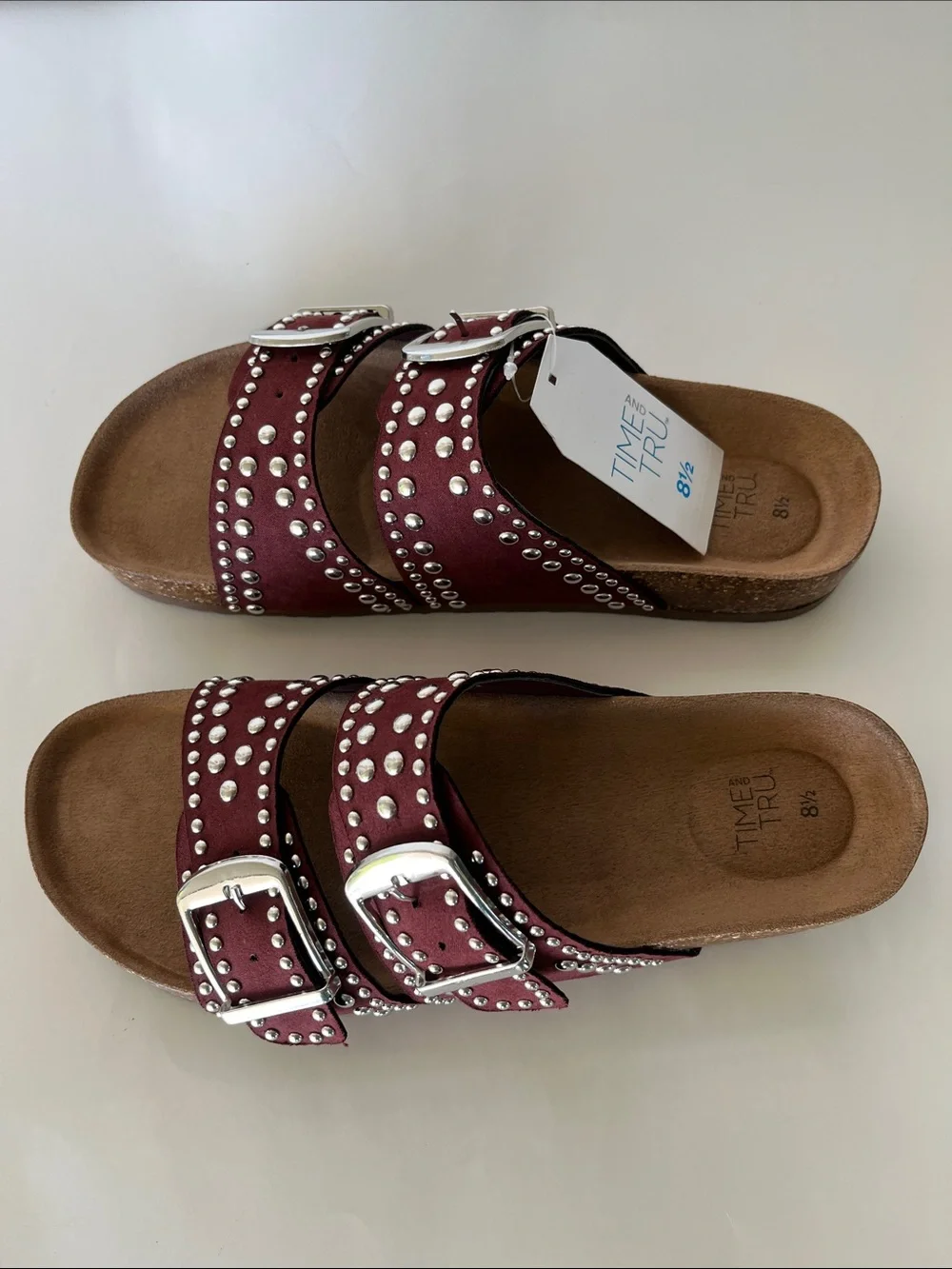 Time and Tru Maroon Studded Double-Buckle Slide Sandals